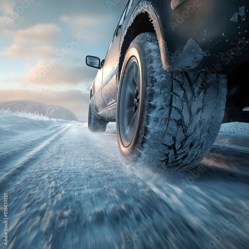 image of a car winter tires rolling on a snowy road, capturing the detail of the tire treads making firm contact with the snow. The s photo