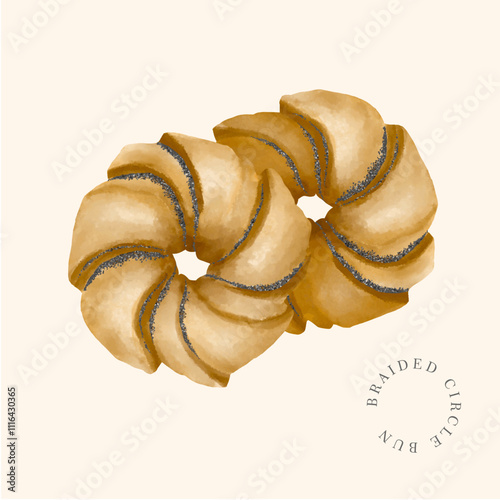 Braided circle buns with poppy seeds watercolor bakery