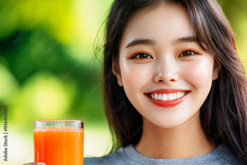 Smiling young Asian woman with a glass of orange juice on a green background, enjoying a refreshing drink. Copy space. Smiling young Asian woman with a glass of orange juice on a green background, enjoying a refreshing drink. Copy space.