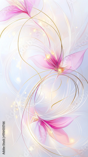 A soft flowing abstract of pink and gold lines and shapes on white background. 