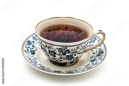 floral-patterned tea cup with black tea, placed on a matching saucer, isolated on white