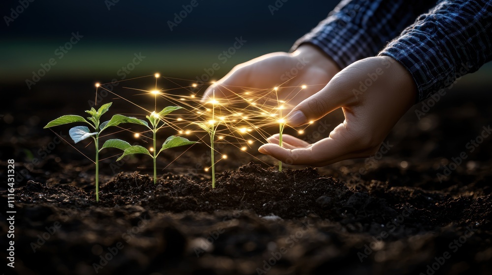 Fototapeta premium Nurturing Growth: Hands Gently Cultivating Illuminated Saplings