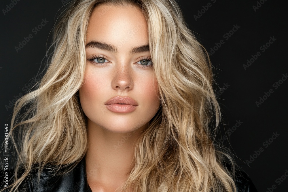 Caucasian young adult female with wavy blonde hair and leather jacket Caucasian young adult female with wavy blonde hair and leather jacket