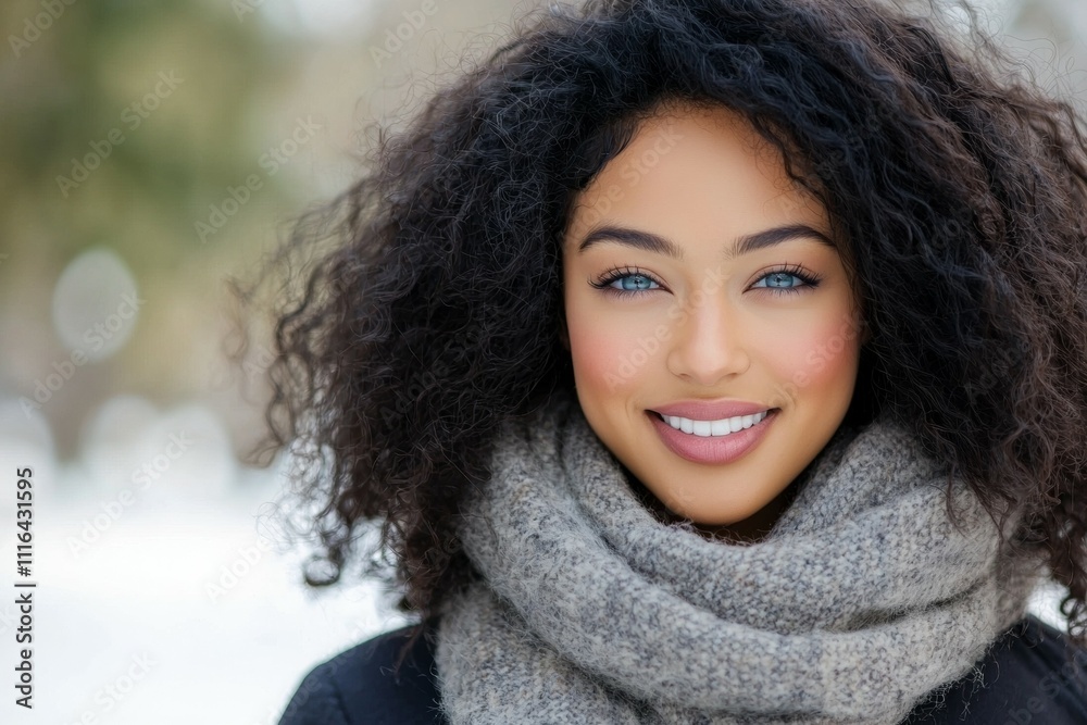 Smiling african female with curly hair in winter scarf outdoors Smiling african female with curly hair in winter scarf outdoors