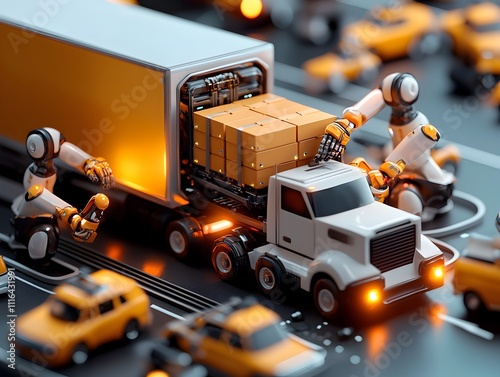 A team of robotic handlers carefully and precisely loading cargo into a self driving semi truck showcasing the efficient automation and advanced technology of the futuristic photo