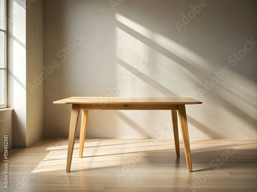 Natural wooden table bathed in soft window light, creating a minimalist setting with warm tones, ideal for elegant product displays, home decor, and lifestyle photography.