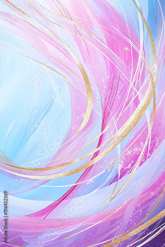 A soft flowing abstract of pink and gold lines and shapes on white background. 