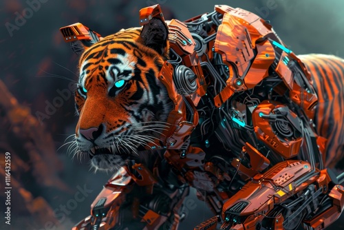 A robotic tiger blends cutting-edge technology with wild beauty, showcasing vibrant colors and intricate designs in a dramatic, immersive setting filled with energy. photo