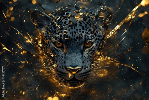Majestic Leopard Emerging From Shattered Gold Glass photo