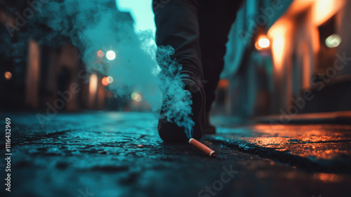 Moody urban night scene with cigarette smoke, blurred lights, cobblestone street, and walking figure for storytelling atmosphere. photo