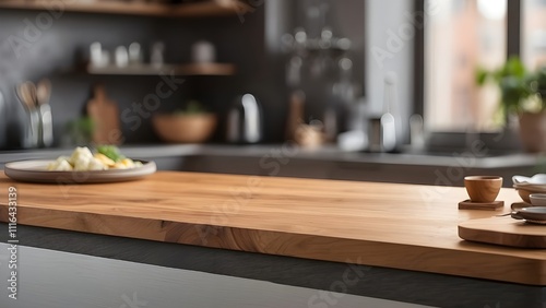 Wood tabletop on a blurred background of a kitchen counter (room).