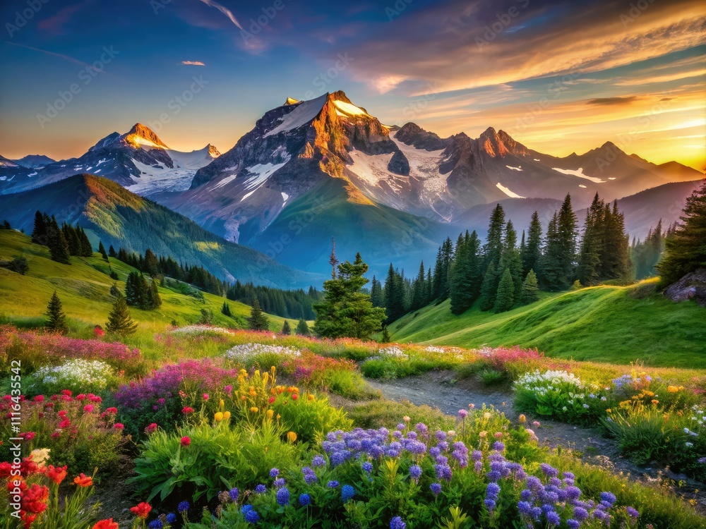 Fototapeta premium Panoramic Landscape of Majestic Mountains at Sunrise with Vibrant Colors and Clear Skies for Nature Lovers and Travel Enthusiasts