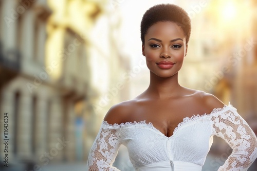 Confident african female adult in elegant white lace dress outdoors photo