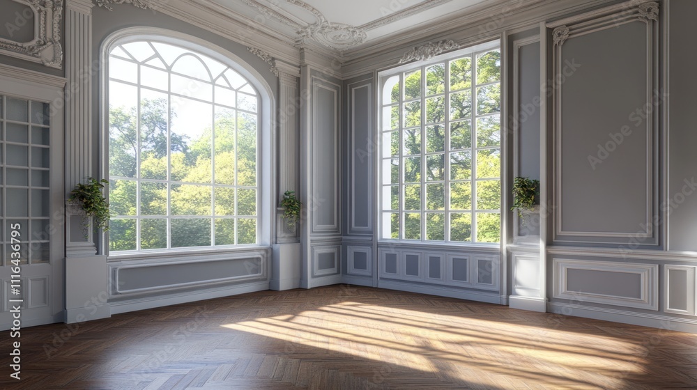 Fototapeta premium Sunlit, elegant room with large windows, hardwood floors, and grey walls.