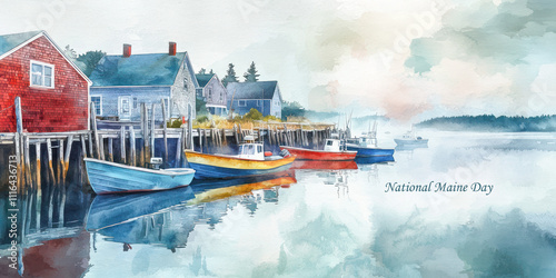 National Maine Day watercolor illustration of a serene harbor with fishing boats, rustic houses, and calm reflections on the water.
