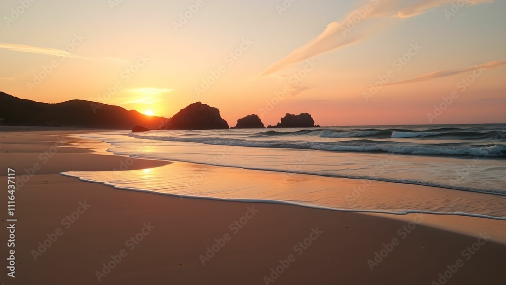Obraz premium Peaceful Reflections: Vibrant Sky Over a Tranquil Shoreline