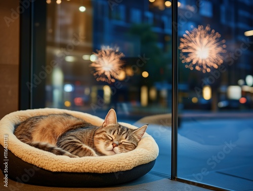  photography of a grey cat sleeping calmly in its catbed even though there are fireworks outside photo