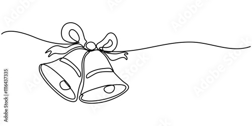 Hand Drawn Mid Century Modern Christmas Ornaments, Jingle bell continuous one line drawing, single line art element, minimalist sketch line vector illustration, christmas winter new year concept, Bell