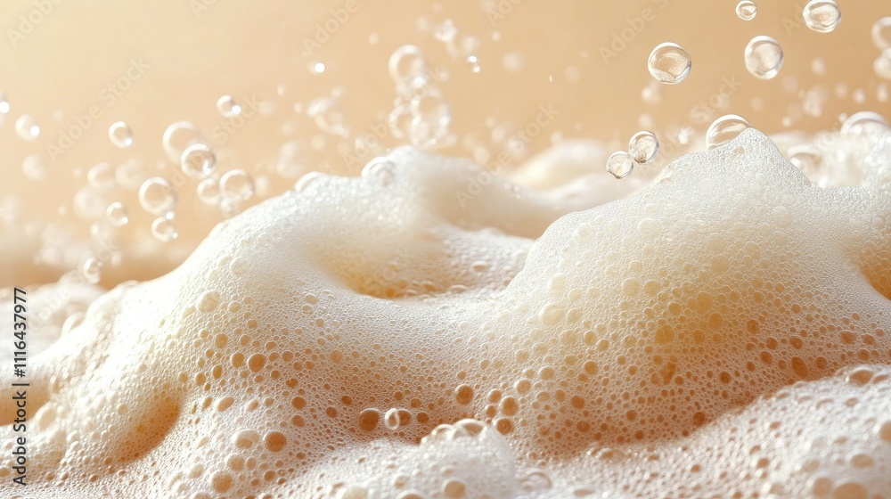 Obraz premium A wave of foam with bubbles of different sizes on a sandy-colored background