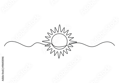 Continuous line sun summer art one sunshine outline icon single light. Travel sun doodle hand abstract line sketch weather logo silhouette element sunrise linear season sea nature. Vector illustration