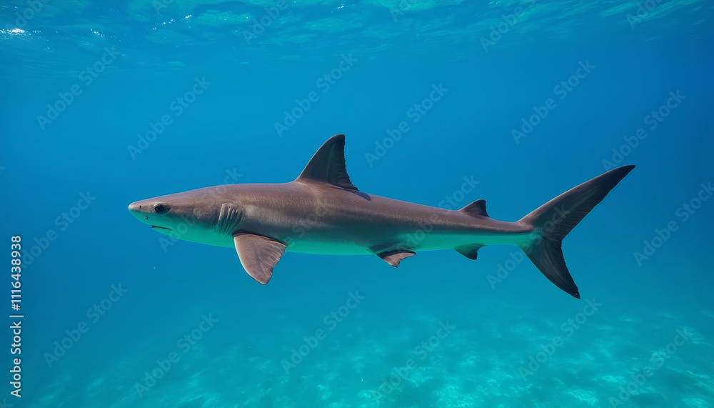 Majestic shark gliding through crystal-clear ocean waters beneath a bright sunlit sky Majestic shark gliding through crystal-clear ocean waters beneath a bright sunlit sky