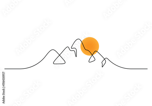 Single continuous line drawing of mountain ridge landscape. Web banner with high mounts and peaks in simple linear style. Adventure winter sports ski and hiking concept. Vector illustration