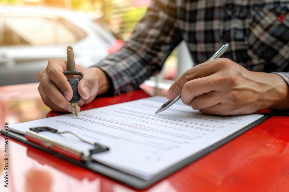 Fototapeta premium Man signing car insurance or lease agreement for vehicle purchase.