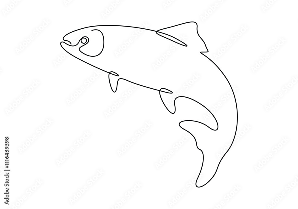 Fototapeta premium Continuous one line drawing of salmon for fishing logo identity vector illustration