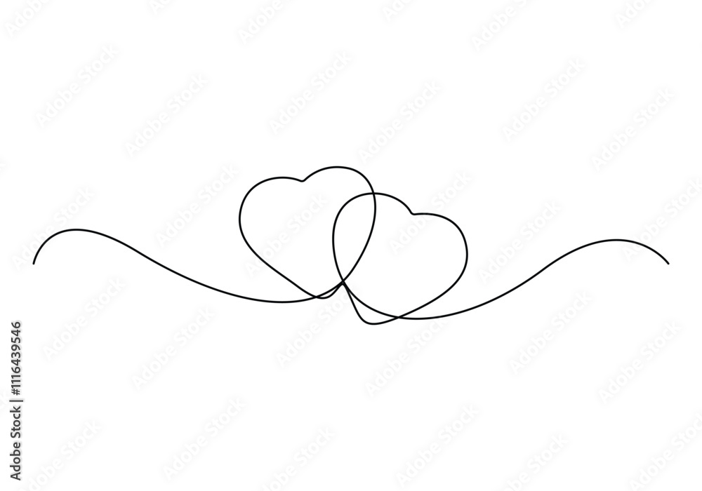 Fototapeta premium Continuous one drawing of two hearts and love signs. Thin stroke and romantic symbols in simple linear style. Doodle vector illustration