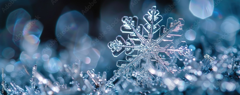 close-up of a delicate snowflake, sparkling in cool blue light with intricate crystal details