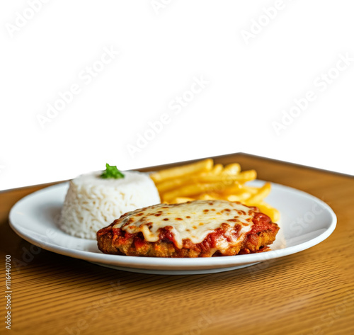 Parmigiana Steak garnished with rice and french fries photo