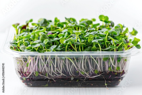 Plastic container filled with fresh, vibrant microgreens, their roots visible through the transparent sides photo