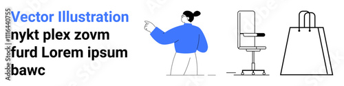 Woman in blue sweater pointing right, next to outlined office chair and shopping bag with placeholder text. Ideal for business presentation, e-commerce, office setup, online shopping, digital