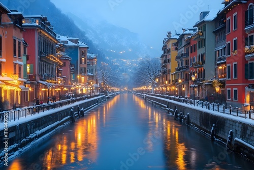 On a snowy winter evening, a lot of white snow is piled up near a city stream, houses and street lights are turned on, and many people are passing by on a snow-covered road. photo