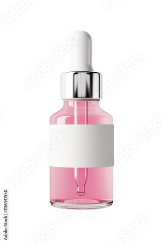 Pink bottle with pipette and white label isolated on white background