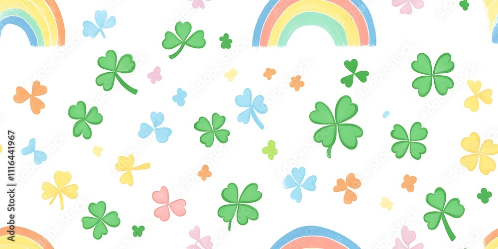 Fototapeta premium St. Patrick's Day seamless pattern with rainbows and shamrocks
