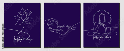 Vector set of one line art illustrations of Lord Buddha, lotus and hands. Continuous line art of Buddha silhouette for Vesak day cards.	
