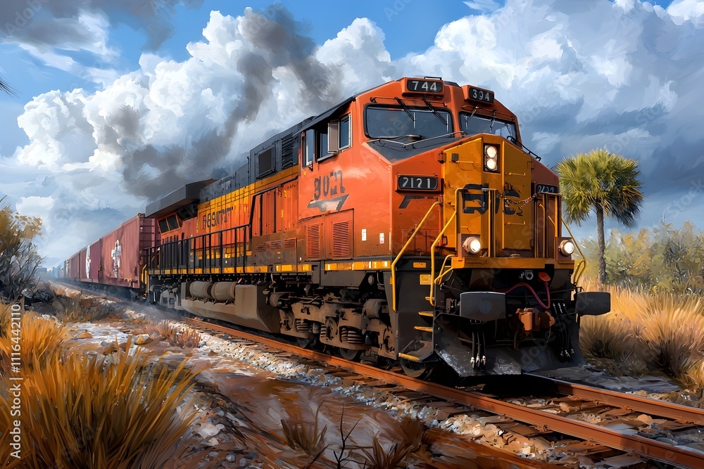Obraz premium Efficient freight transportation network with intermodal freight hubs railway yards and digital painting of retro futuristic rural countryside landscape