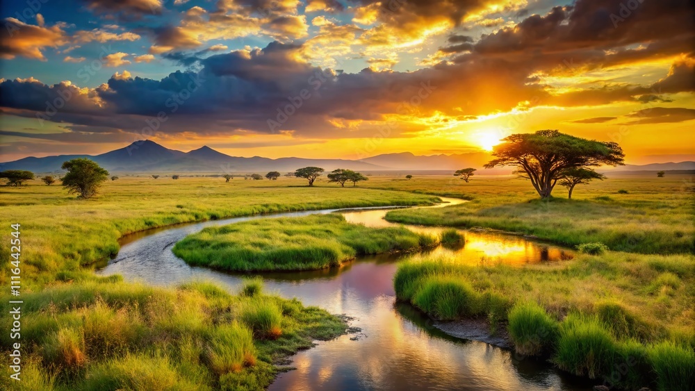 Obraz premium A breathtaking Savannah scene featuring a calm river, vibrant green grasslands, distant mountains, and stunning sunset reflections in a peaceful wilderness, perfect for nature photography.