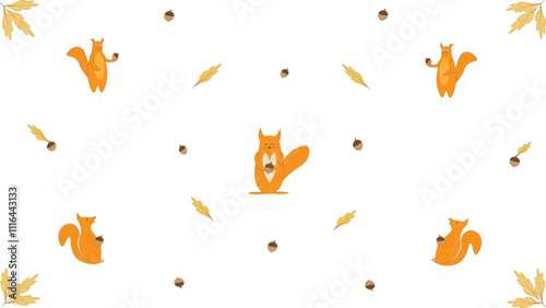 Red squirrels with acorns and oak leaves. Cute children's background