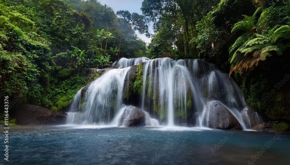 Stunning waterfall cascading into turquoise pond in lush jungle Stunning waterfall cascading into turquoise pond in lush jungle