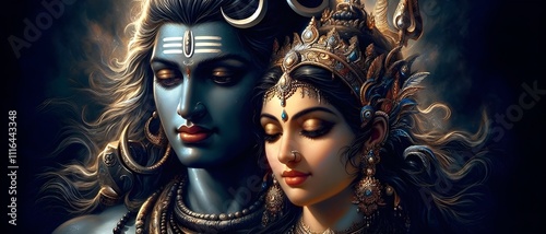 Vibrant Closeup of Lord Shiva and Parvati A Mythological Portrait