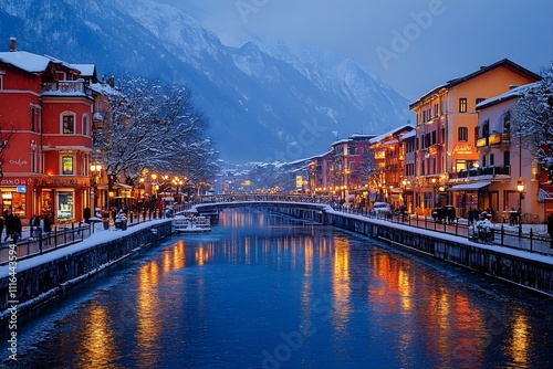 Fototapeta Naklejka Na Ścianę i Meble -  On a snowy winter evening, a lot of white snow is piled up near a city stream, houses and street lights are turned on, and many people are passing by on a snow-covered road.