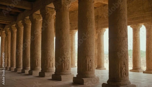 Ancient stone pillars framing a sacred space in the temple