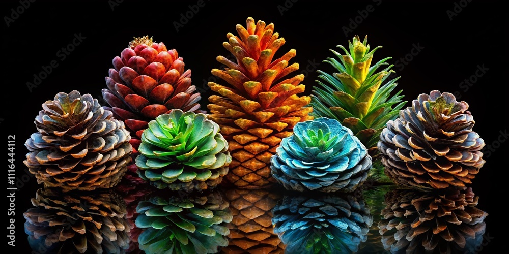 Obraz premium A captivating double exposure displays five pine cones in different growth stages on a black backdrop, beautifully revealing the diversity and intricacy of nature.