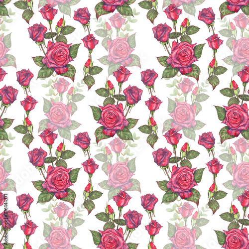 Seamless pattern with red roses drawn in watercolor. Watercolor roses with leaves in seamless illustration. An idea for decorating holidays and creating prints.