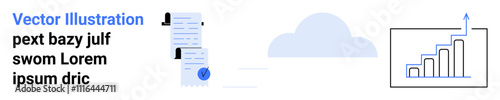 Documents with profile icons, blue checkmarks, cloud, and a rising bar chart. Ideal for business presentations, financial reports, cloud services, data analysis, document management, growth tracking