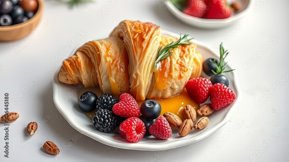 Delicate croissants, topped with juicy berries and crunchy nuts, perfectly framed using the rule of thirds.