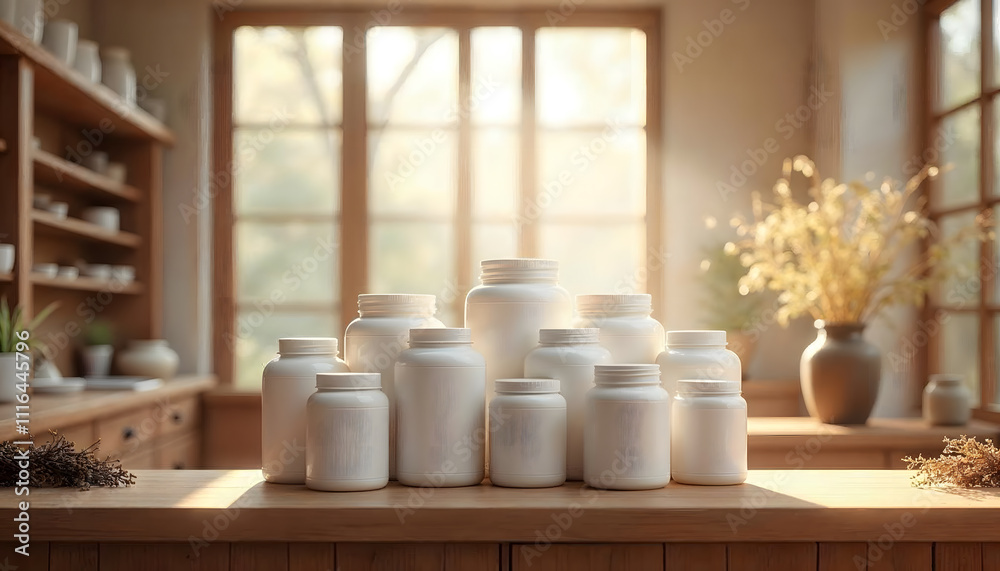 A variety of white jars arranged on a wooden table in a bright kitchen with large windows, blending modern packaging with a clean and natural aesthetic	