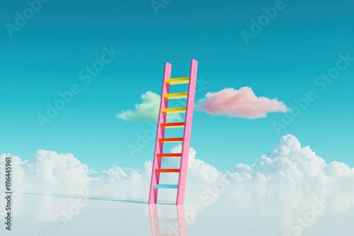 A colorful step ladder ascends towards bright, inviting clouds in a clear sky. This uplifting image represents the journey of growth, development, and reaching new heights.  photo